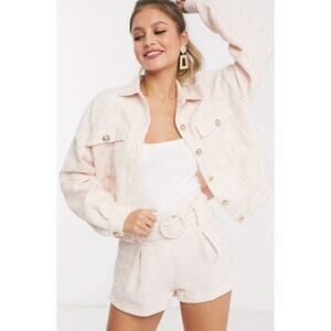 NWT Saint Genies 2 piece Boucle Gold Button Trucker Jacket & shorts Pink Fleck